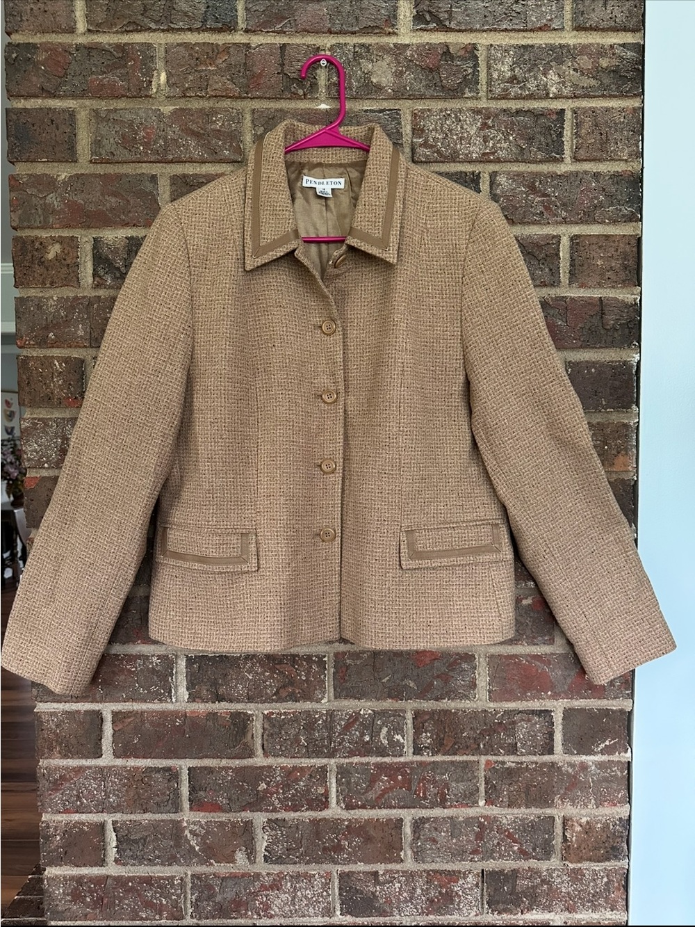 Vintage Pendleton Wool Tweed Blazer Jacket Sz 16 Tan Beige Houndstooth Academic